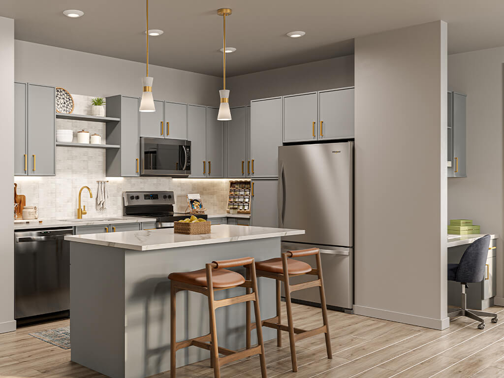 Gold mist kitchen at The Penstone Apartments and Townhomes in South Walpole MA
